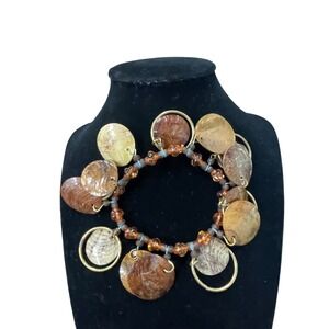 Stretch Bracelet Womens Brown Shell Bead Gold Tone Boho Costume